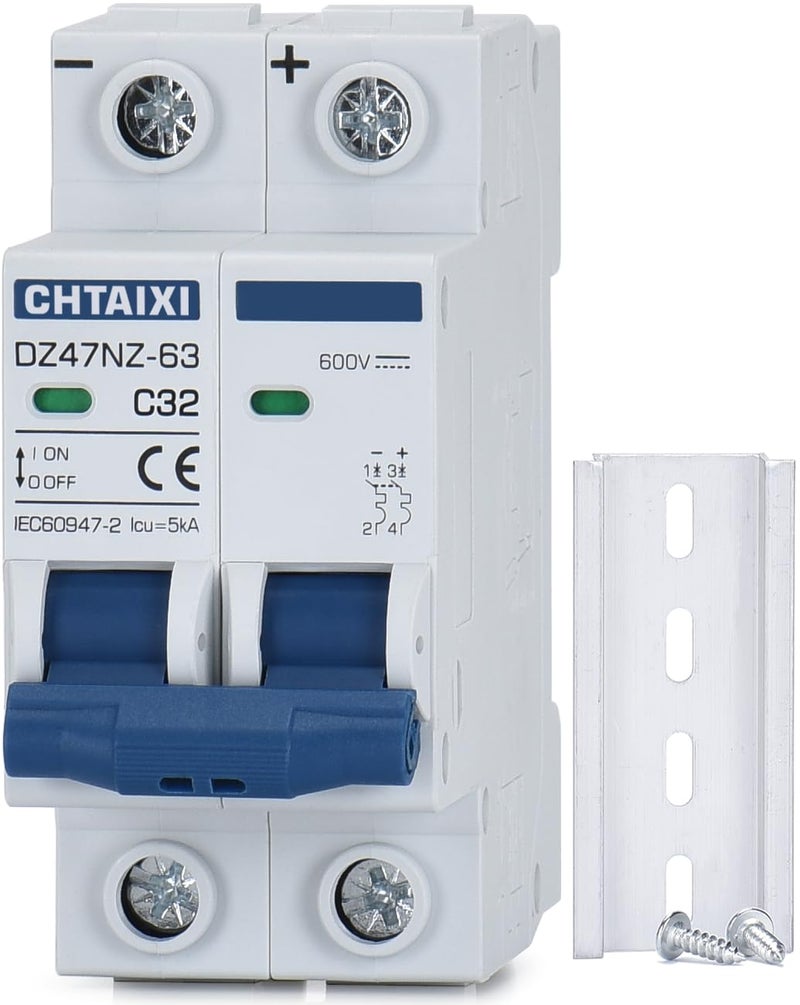 CHTAIXI DC Miniature Circuit Breaker, 2 Pole 600V 32 Amp Isolator for Solar PV System, Thermal Magnetic Trip, DIN Rail Mount DC Disconnect Switch C32 - Image 1